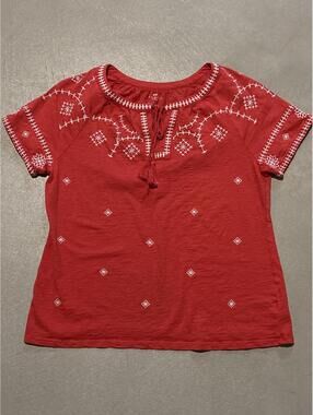 Talbots Red Embroidered Short Sleeve Bohemian Top